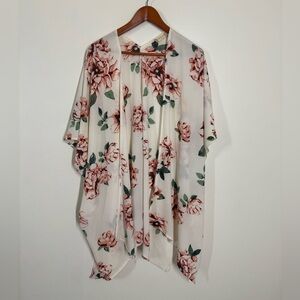 Altar'd State Cream Kimono Dusty Rose and Green Floral Print Medium Oversized